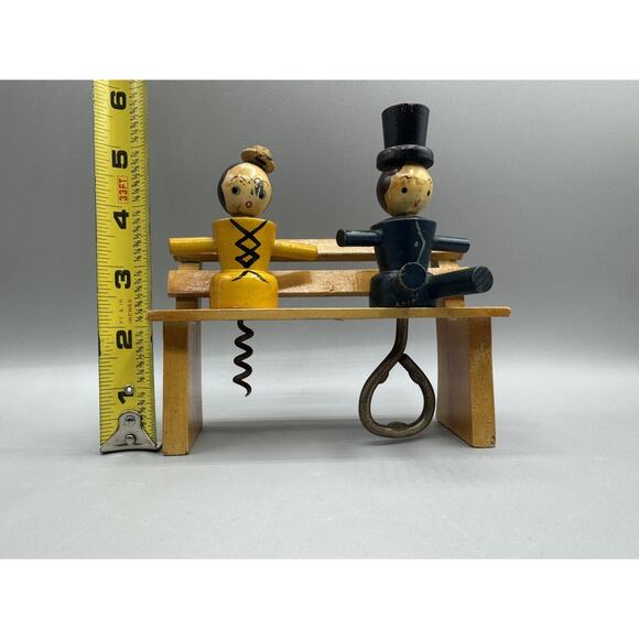 Japan Cork Screw Man Woman Bench Barware Wooden Bottle Opener Folk Art READ - Picture 12 of 12